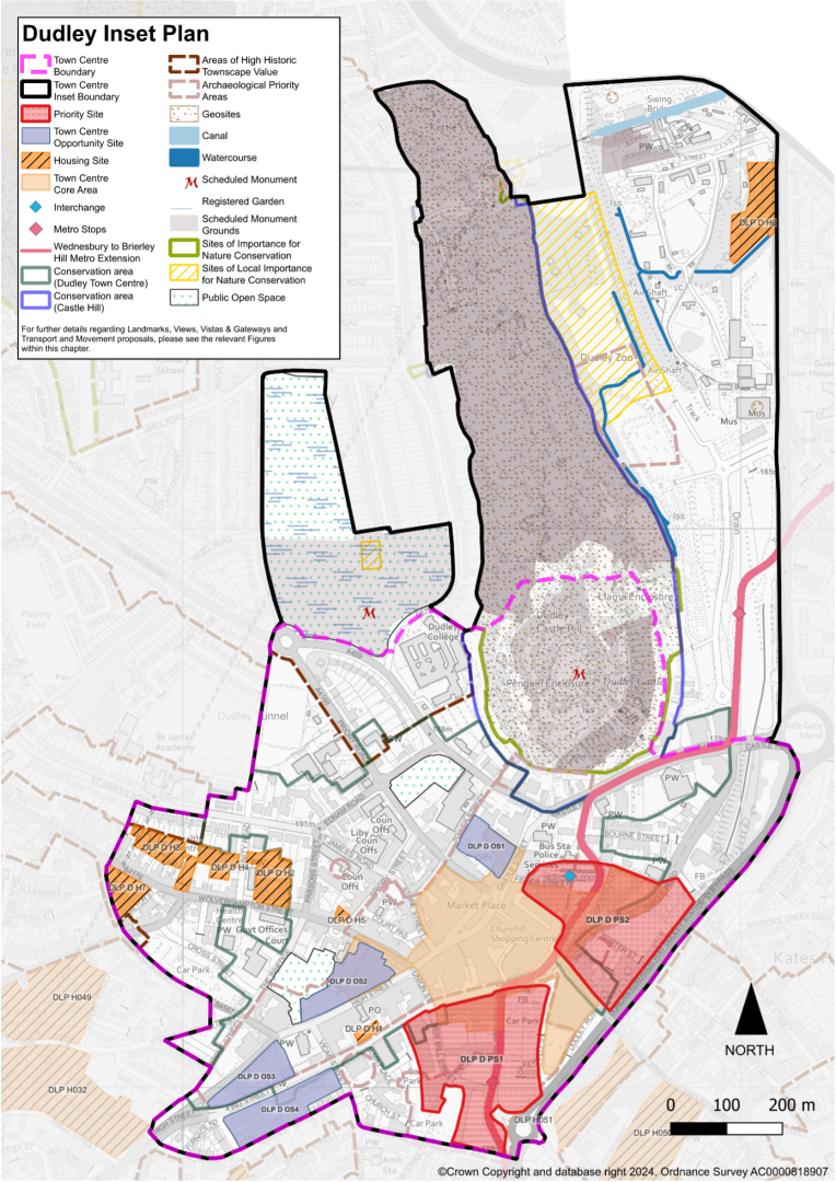 This plan shows the Dudley inset area. This includes a large area to the north covering Castle Hill which is a geosite and Scheduled Ancient Monument. The site shows the housing allocations and proposed employment sites, which are listed in table 6.1. 