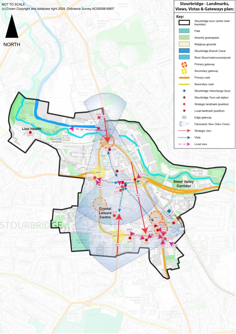 This plan shows the landmarks, views, vistas and gateways in Stourbridge town. There is a panoramic view from the eastern boundary overlooking much of the town centre.  See Policy DLPS4 Stourbridge Town Design - Landmarks, Views, Vistas and Gateways for more detail.