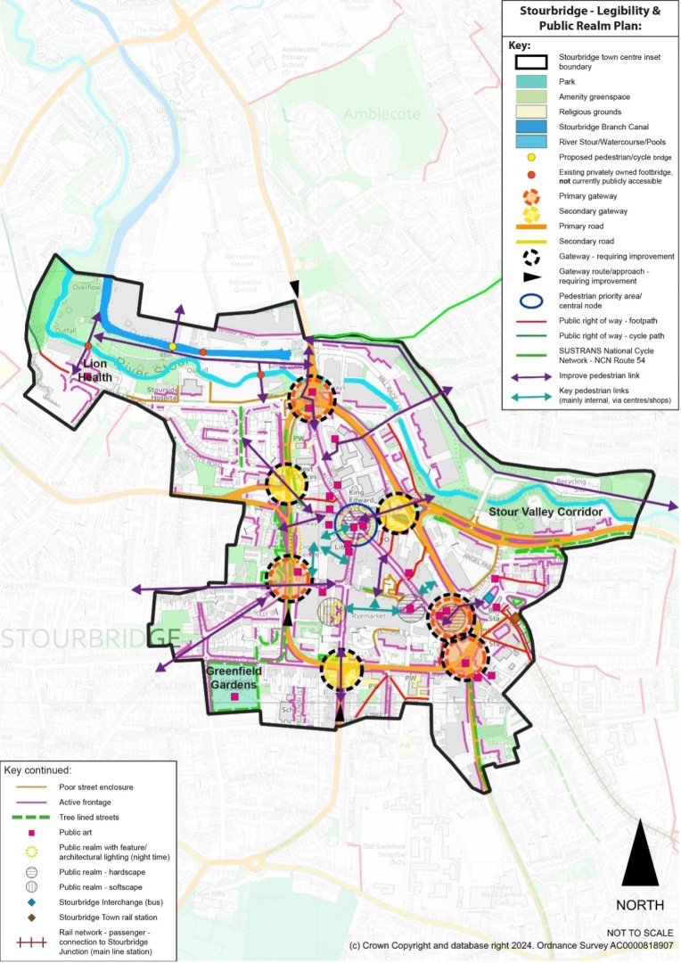 This plan shows the legibility and public realm in Stourbridge. See Policy DLPS5 Public Realm in Stourbridge for more detail.