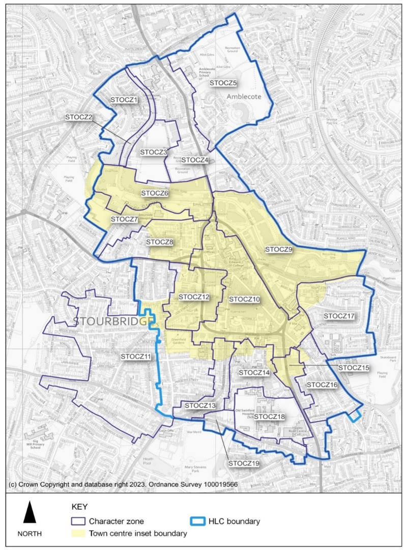 This plan shows the urban historic landscape character zones of Stourbridge. The historic landscape and character zones extend further than the Stourbridge inset boundary. There are 19 character zones shown in the plan. See Policy DLPS6 Conservation and Enhancement of Local Character and Distinctiveness in Stourbridgefor more detail