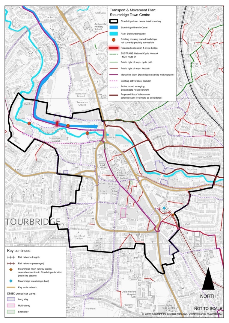 This plan is for the transport and movement in Stourbridge Town Centre. It shows the River Stour corridor crossing the area from north west to south east and the key road network across the town centre. There is a proposed pedestrian and cycle price over the canal north of Stourbridge hospital.  See Policy DLPS8 Pedestrian Access and Cycling in Stourbridge for more detail.