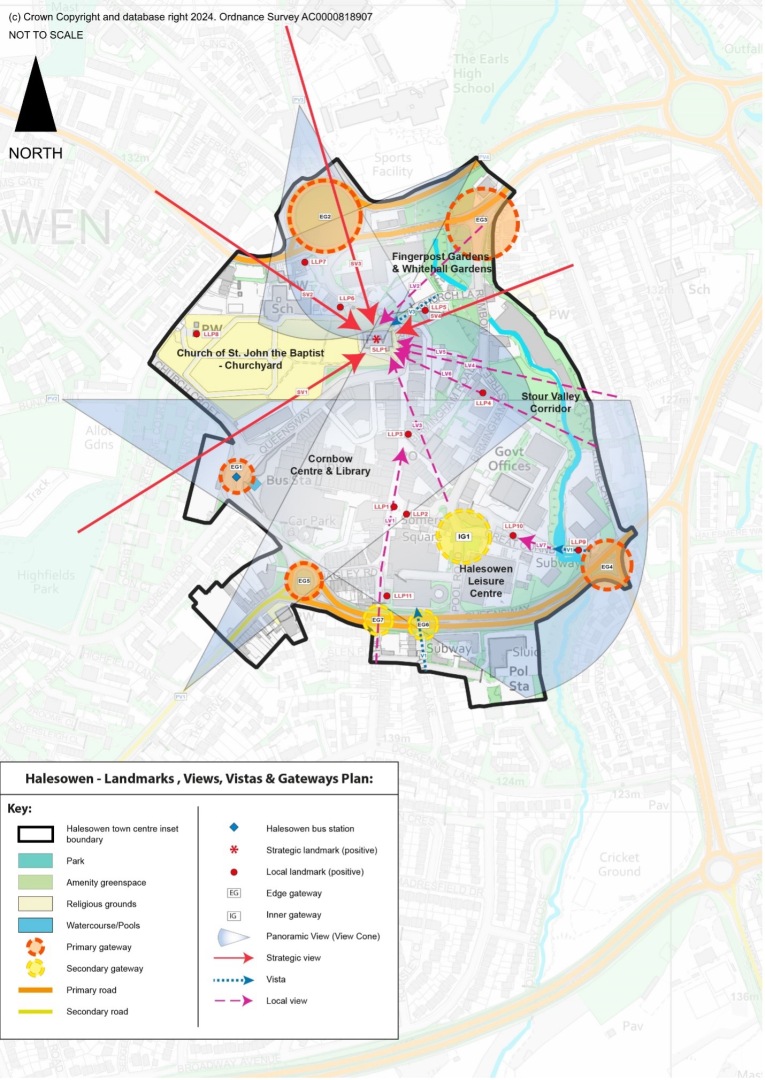 This plan shows the landmarks, views, vistas and gateways in Halesowen. There are a number of panoramic views looking across the centre. Policy DLPH4 Halesowen Town Design- Landmarks, Views, Vistas and Gateways provides more detail.