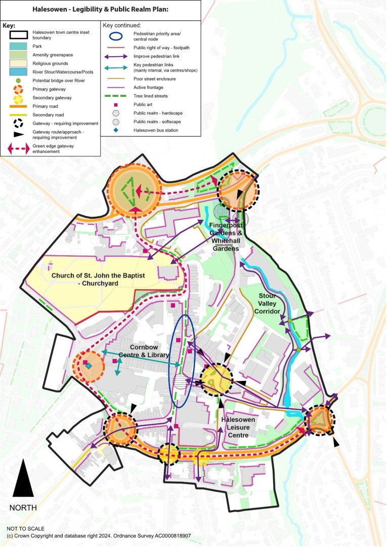 This figure shows the Halesowen legibility and public realm plan.  Policy DLPH5 Public Realm in Halesowen provides more details.