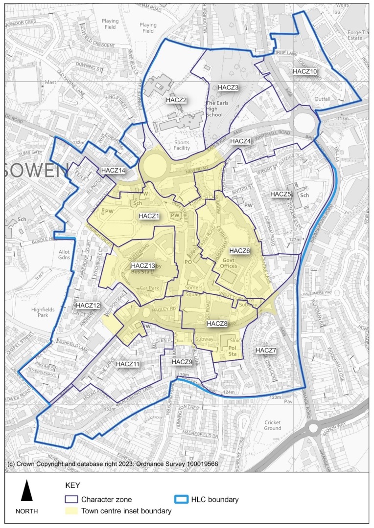 This plan shows the urban historic landscape character zones of Halesowen. The historic landscape and character zones extend further than the Halesowen inset boundary. There are 14 character zones shown in the plan.