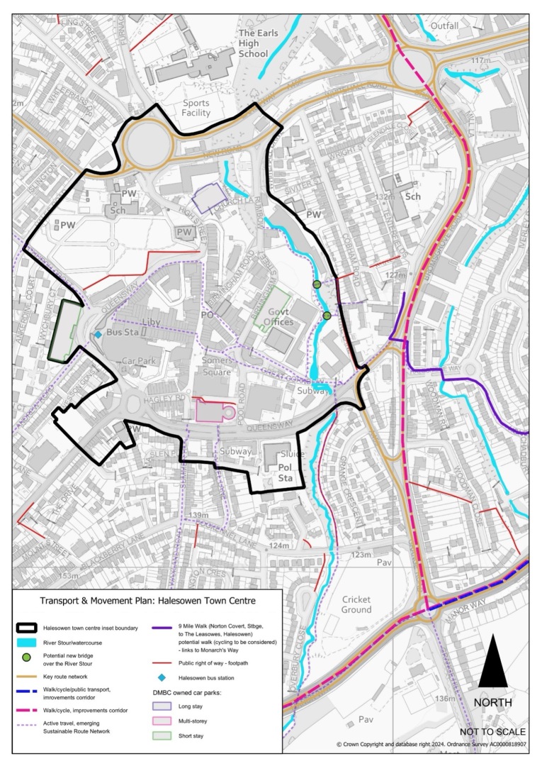 This plan shows the transport and movement plan for Halesowen Town Centre. There is a proposed walk/cycle improvement corridor along the A459 and a couple of points to show potential new bridges over the river stour to the east of the town centre. 