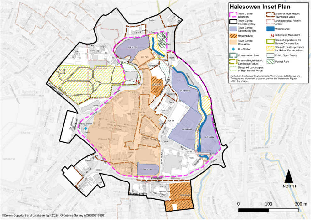 This plan shows the Halesowen Inset Plan. It shows the Town Centre Core Area, the proposed town centre opportunity sites and the housing allocations. A list of these can be found in Table 4.1. Policy DLPH7 Conservation and Enhancement of Local Character and Distinctiveness in Halesowen provides more detail.