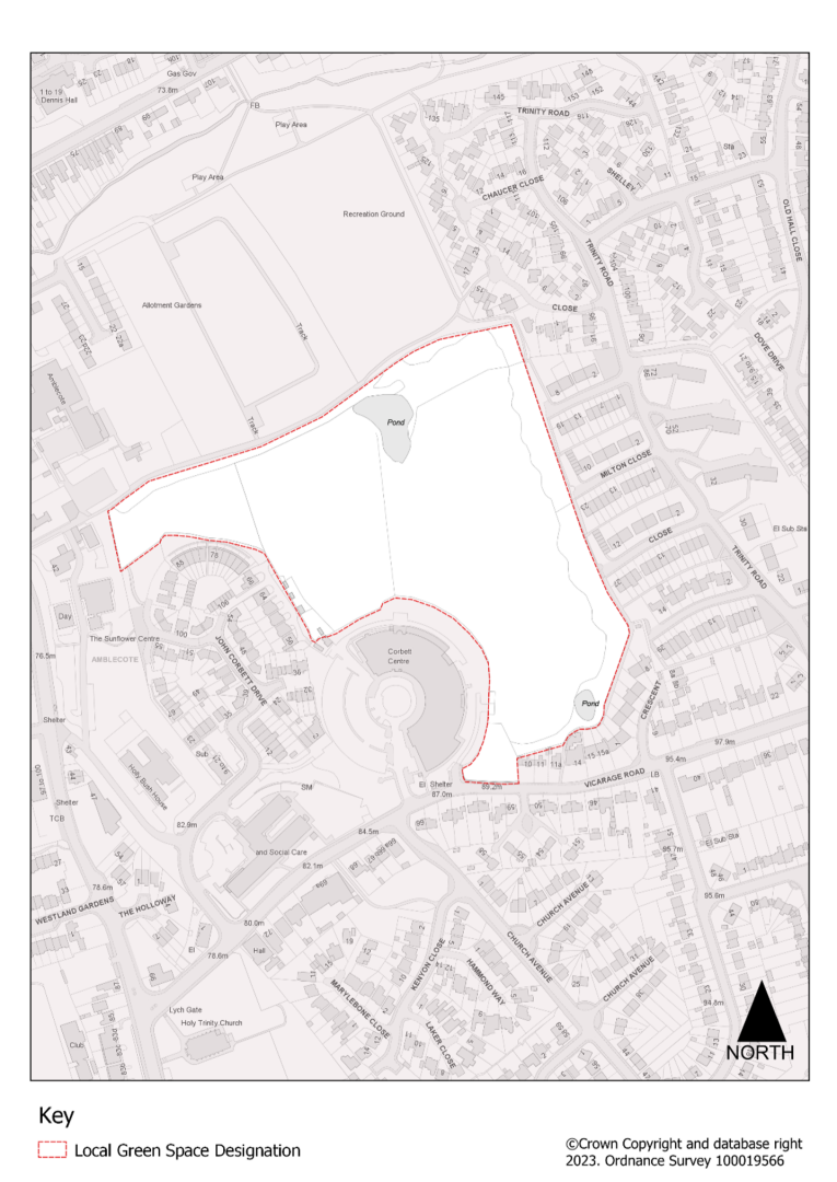 This is a red line plan of the proposed Local Green Space designation of Corbett Meadow. See Policy Policy DLPLGS1 Corbett Meadow Local Green Spacefor more detail.