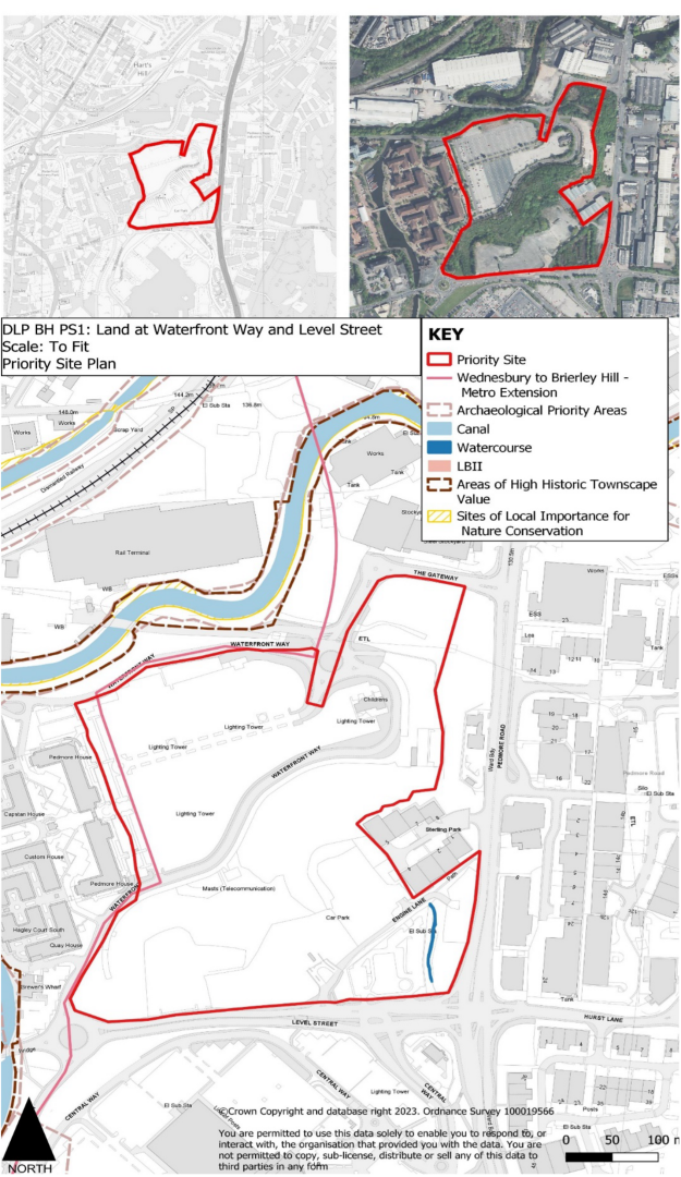 Image shows the location of Brierley Hill Priority Site 1: Waterfront Way and Level Street, including a plan detailing the sites constraints and opportunities, showing the site in relation to the Metro Extension, Archaeological Priority Areas, Canals, Watercourses, Listed Buildings, Areas of High Historical Townscape Value, and Sites of Local Importance for Nature Conservation. 