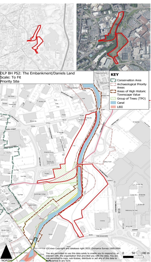  Image shows the location of Brierley Hill Priority Site 2: The Embankment/ Daniels Land, including a plan detailing the sites constraints and opportunities, showing the site in relation to Conservations Areas, Archaeological Priority Areas, Areas of High Historic Townscape Value, Protected Trees, Canals and Listed Buildings. 