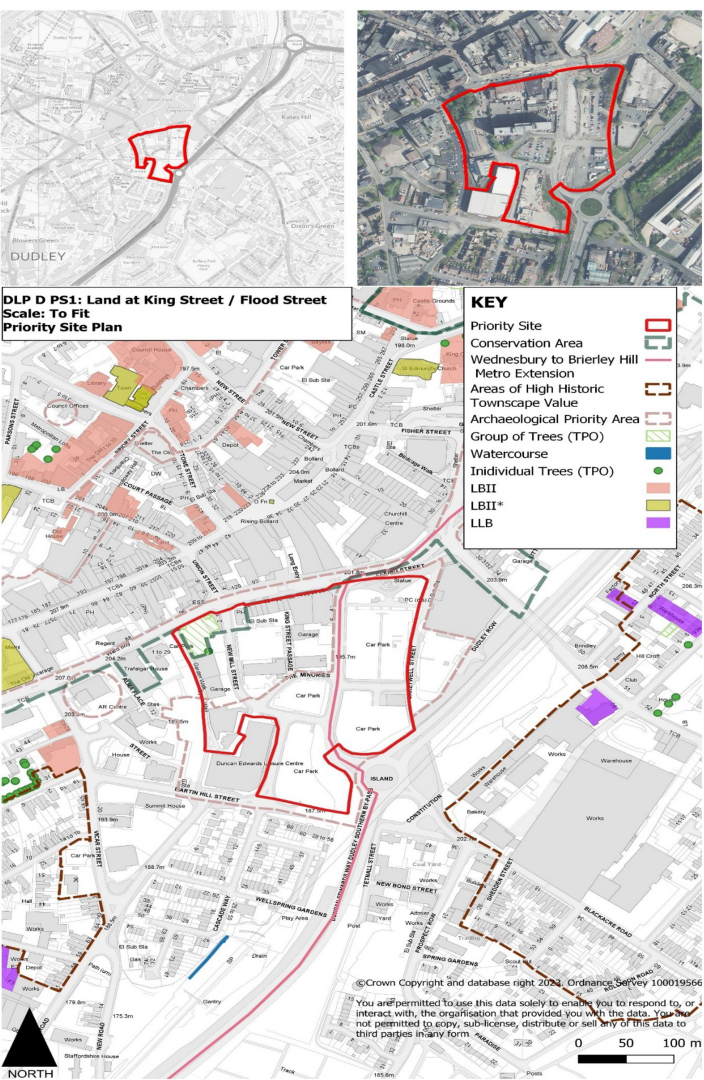 Image shows the location of Dudley Priority Site 1: Land at King Street/ Flood Street, including a plan detailing the sites constraints and opportunities, showing the site in relation to Conservation Areas, Metro Extension, Area of High Historic Townscape Value, Archaeological Priority Areas, Protected Trees, Watercourses, and Listed Buildings. 