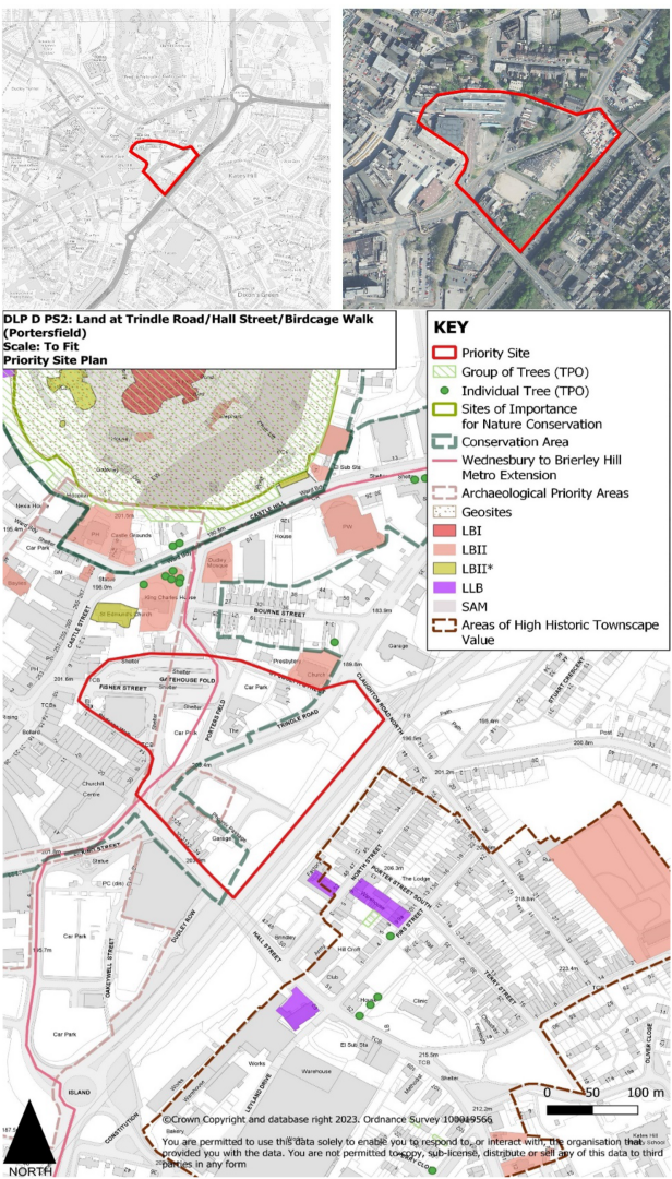 Image shows the location of Dudley Priority Site 2: Land at Trindle Road/ Hall Street/ Birdcage Walk (Portersfield), including a plan detailing the sites constraints and opportunities, showing the site in relation to Protected Trees, Sites of Importance for Nature Conservation, Conservation Areas, Metro Extension, Archaeological Priority Areas, Geosites, Listed Buildings, scheduled Ancient Monuments, and Areas of High Historic Townscape Values. 