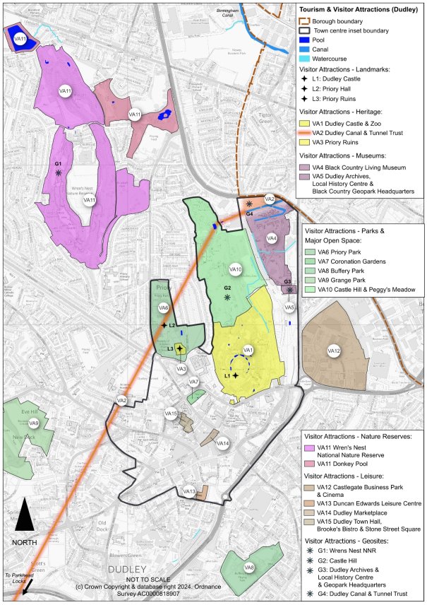 This plan shows Dudley town tourism and visitor attractions. These include the landmarks and heritage visitor attractions of Dudley Castle and Zoo, Priory Hall, Priory Ruins and the canal. Additionally, there is the Black Country Living Museum, Dudley Archives, Black Country geopark headquarters and a number of major open spaces.  