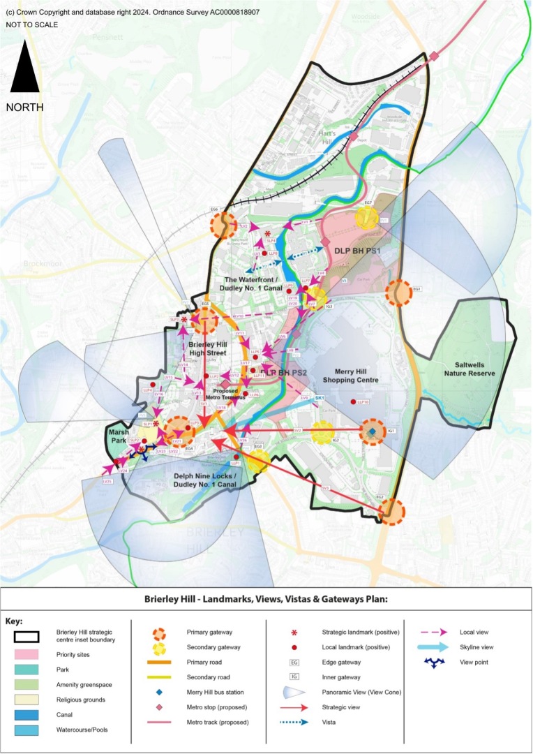 This figure shows landmarks, views, vistas and gateways in Brierley Hill. The panoramic views largely look outside of the Brierley Hill inset area outwards towards other areas of the borough, including Saltwells Nature Reserve. There are a number of local views within the area, largely facing towards Brierley Hill Centre. Please refer to Policy DLPBH2 Brierley Hill Design - Landmarks, Views, Vistas and Gateways for more detail.