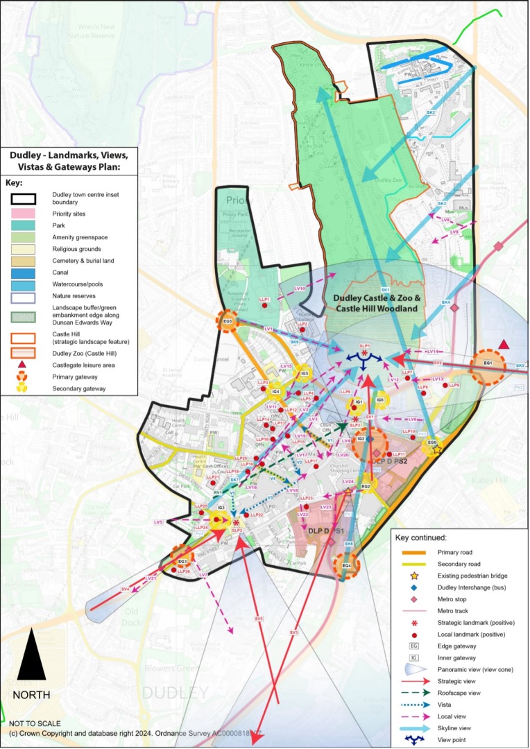 This plan sows the landmarks, views, vistas and gateways in Dudley town. There are panoramic views looking south towards Dudley Castle and views from south of the area looking further south outwards. Many of the local views look over onto the castle. Policy DLPD3 Dudley Design - Landmarks, Views, Vistas and Gateways for more detail. 