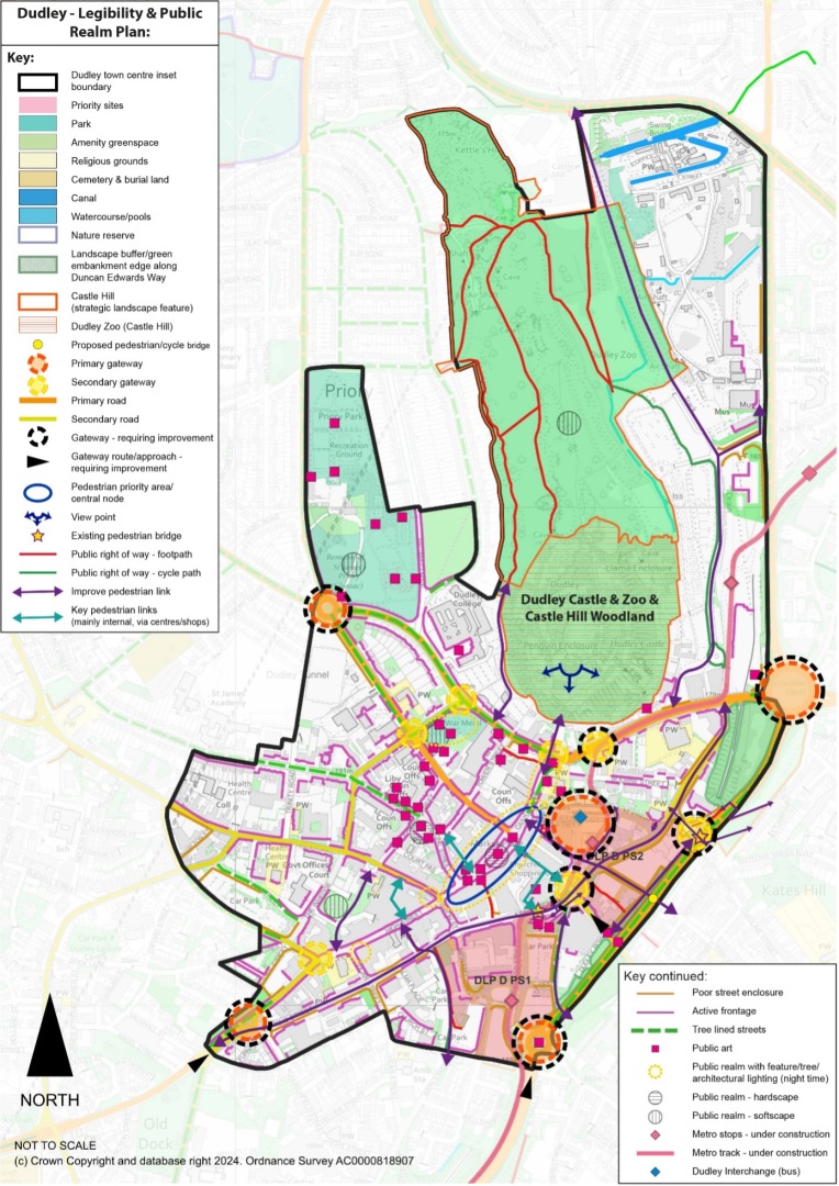 This plan shows the Dudley Town Legibility and Public Realm. A key viewpoint is from the castle looking south over the town centre.  Policy DLPD4 Public Realm in Dudley for more detail.