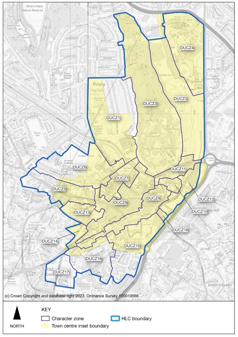 This plan shows the Dudley Urban Historic Landscape Characterisation. The HLC boundary follows that of the character zone and covers a slightly larger area that the town centre inset boundary to include a further section to the west. There are 18 character zones marked on the plan.  See Policy DLPD5 Conservation and Enhancement of Local Character and Distinctiveness in Dudley for more detail