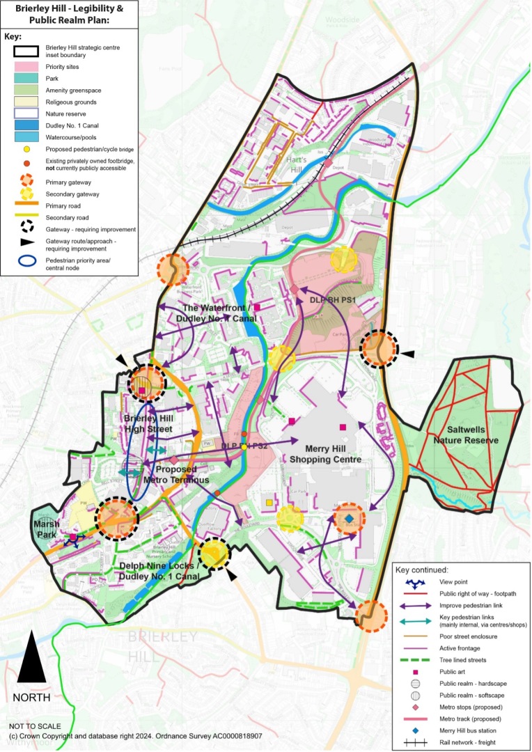 This plan shows Brierley Hill Legibility and Public Realm. It highlights are number of areas to improve pedestrian links such as between Brierley Hill and the Merry Hill Shipping Centre and towards the Waterfront. The plan highlights the priority sites within the area which are Land at Waterfront Way and Level Street and The Embankment / Daniels Land Please refer to Policy DLPBH3 Public Realm in Brierley Hill for more detail.