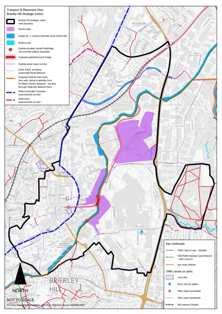 This figure shows the Brierley Hill Transport and movement plan. This includes a proposed pedestrian and cycle bridge over the canal between the Brierley Hill and the Merry Hill Shopping Centre. There is also a walk/cycle/public transport improvement corridor running north to south across Brierley Hill along the Stourbridge Road and Venture Way.