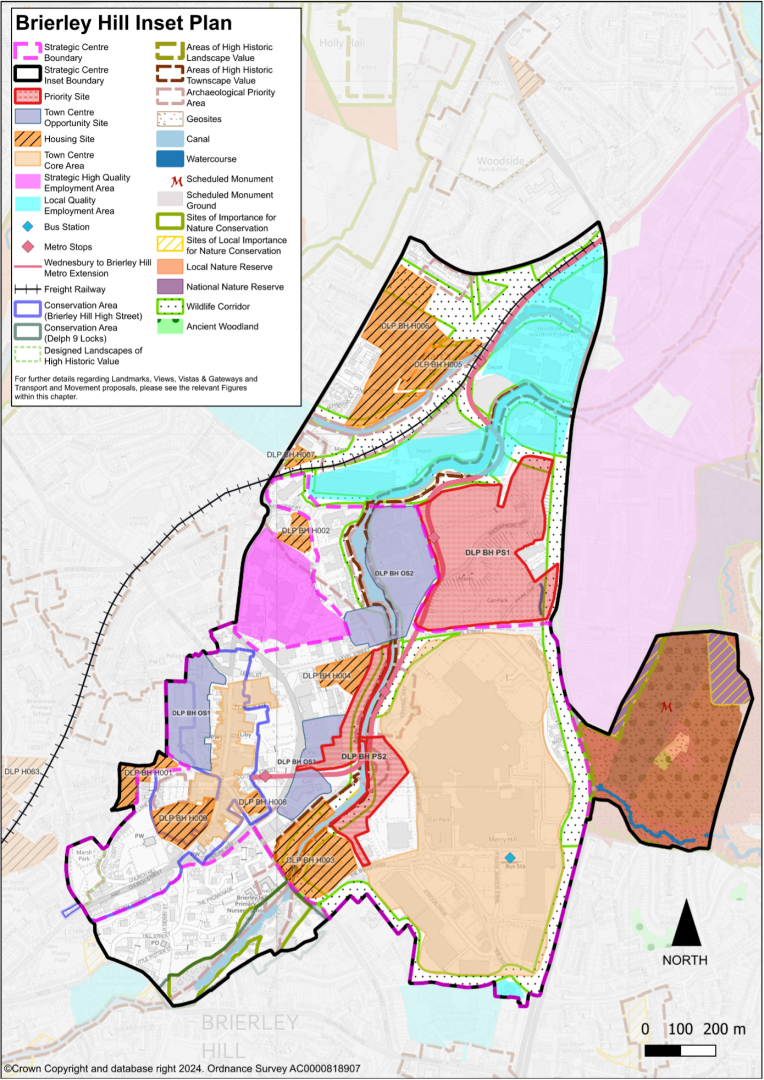 This plan shows the Brierley Hill Inset Area. This includes the town centre core areas of Brierley Hill and Merry Hill. It also shows the Town Centre Opportunity sites and proposed housing allocations which are listed in Table 1.1. 